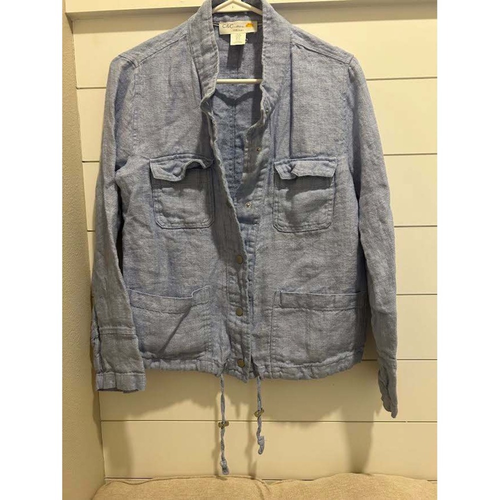 C&C California Womens Blue 100% Linen Nautical Coastal Jacket Roll Tab Med